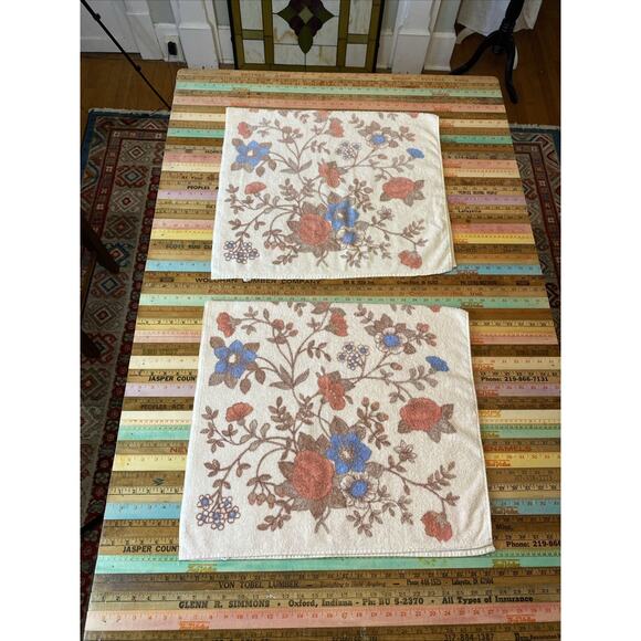 Vintage Retro 70s Mod Floral Flowers Dundee Fringe Bath Towels MCM Set Of 2 - Picture 1 of 10